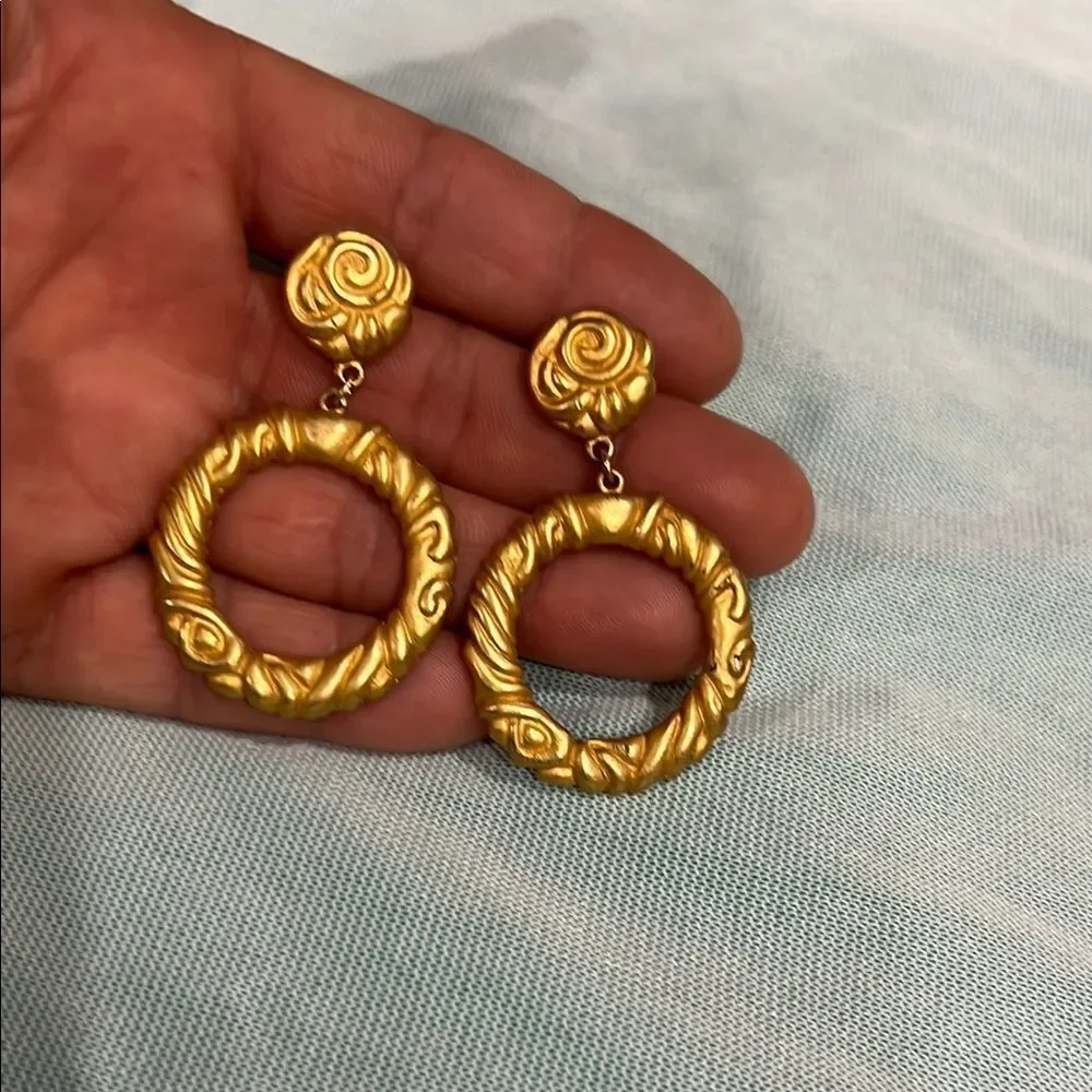 Gold Textured Hoop Earrings with Rosette Studs